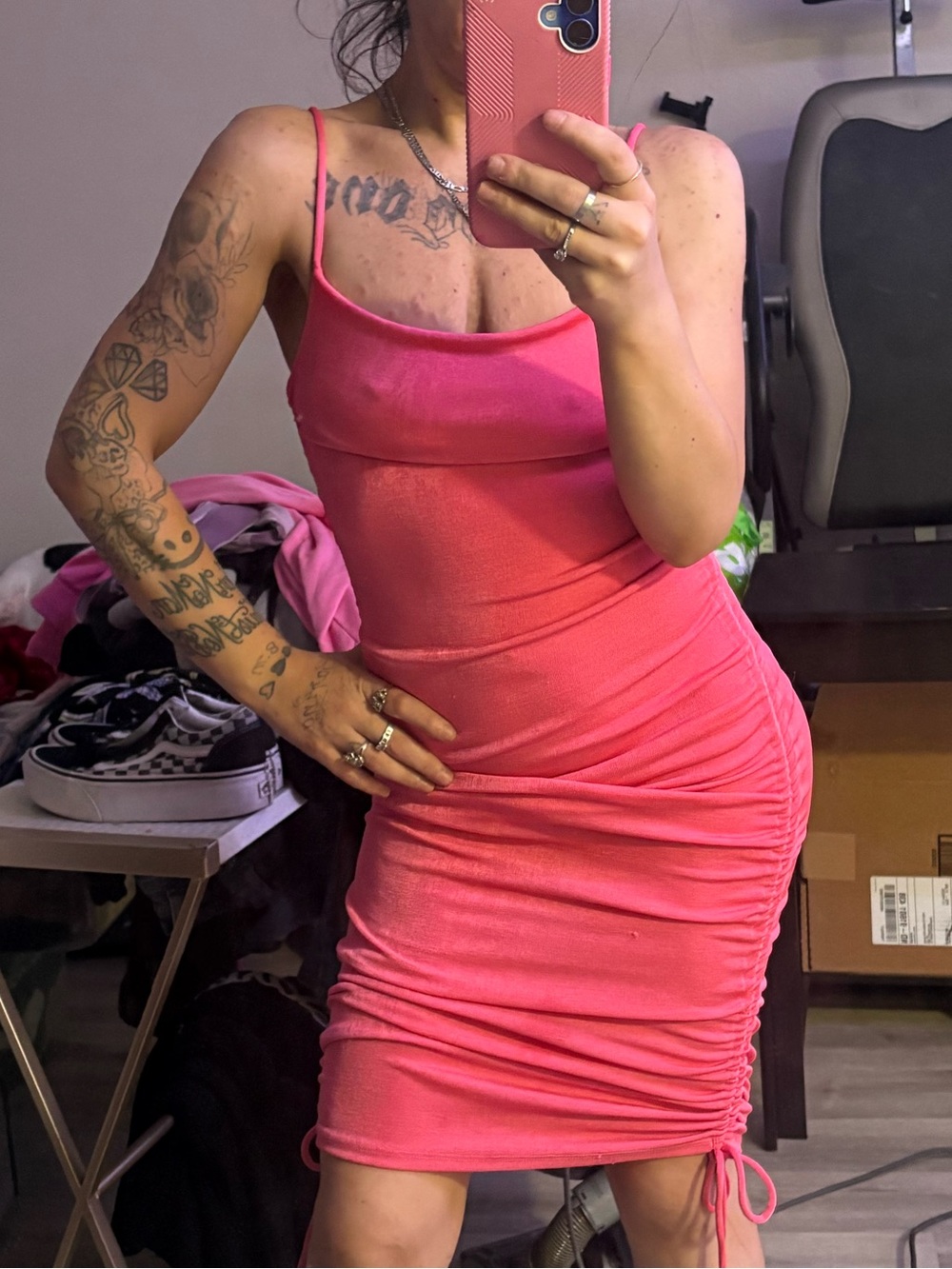 Forever 21 Hot Pink Ruched Midi Bodycon Dress